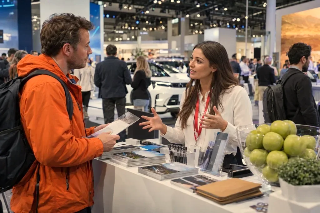 KI-generiertes Bild: Promoterin im Gespräch mit einem Besucher am Messestand